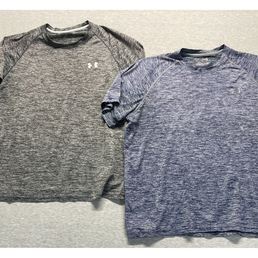 Under Armour UA Tech T Shirt Mens XL Gray Blue Logo Raglan Sleeve Lot of 2